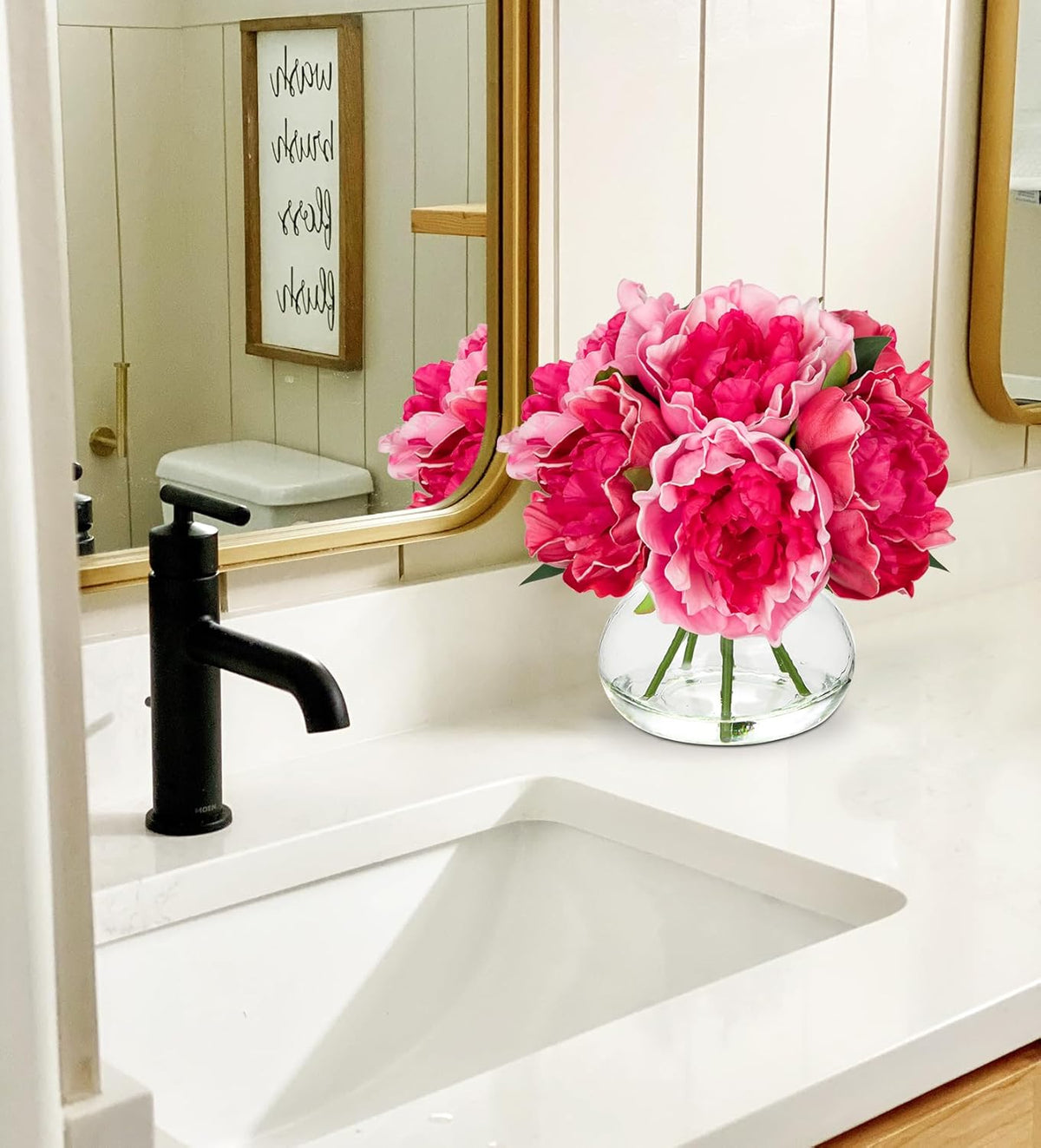 Hollyone Peonies Artificial Flowers with Vase Hot Pink Faux Flowers Peony Fake Flowers Silk Flower