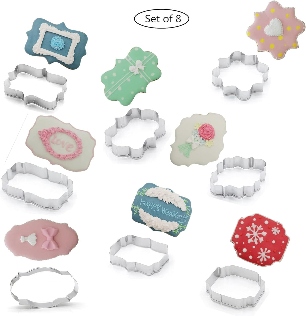 Fancy Plaque Cookie Cutters Set of 8 pcs, Stainless Steel Wedding Frames Shaped Fondant Cutter