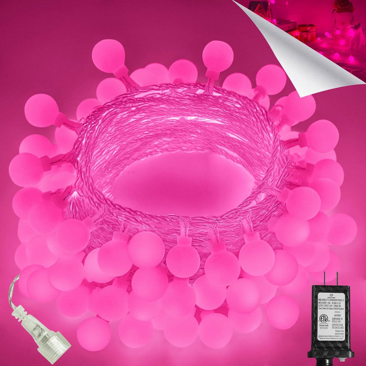 100LED Pink String Lights Outdoor Indoor for bedroom, 43FT Connectable Globe String Lights with