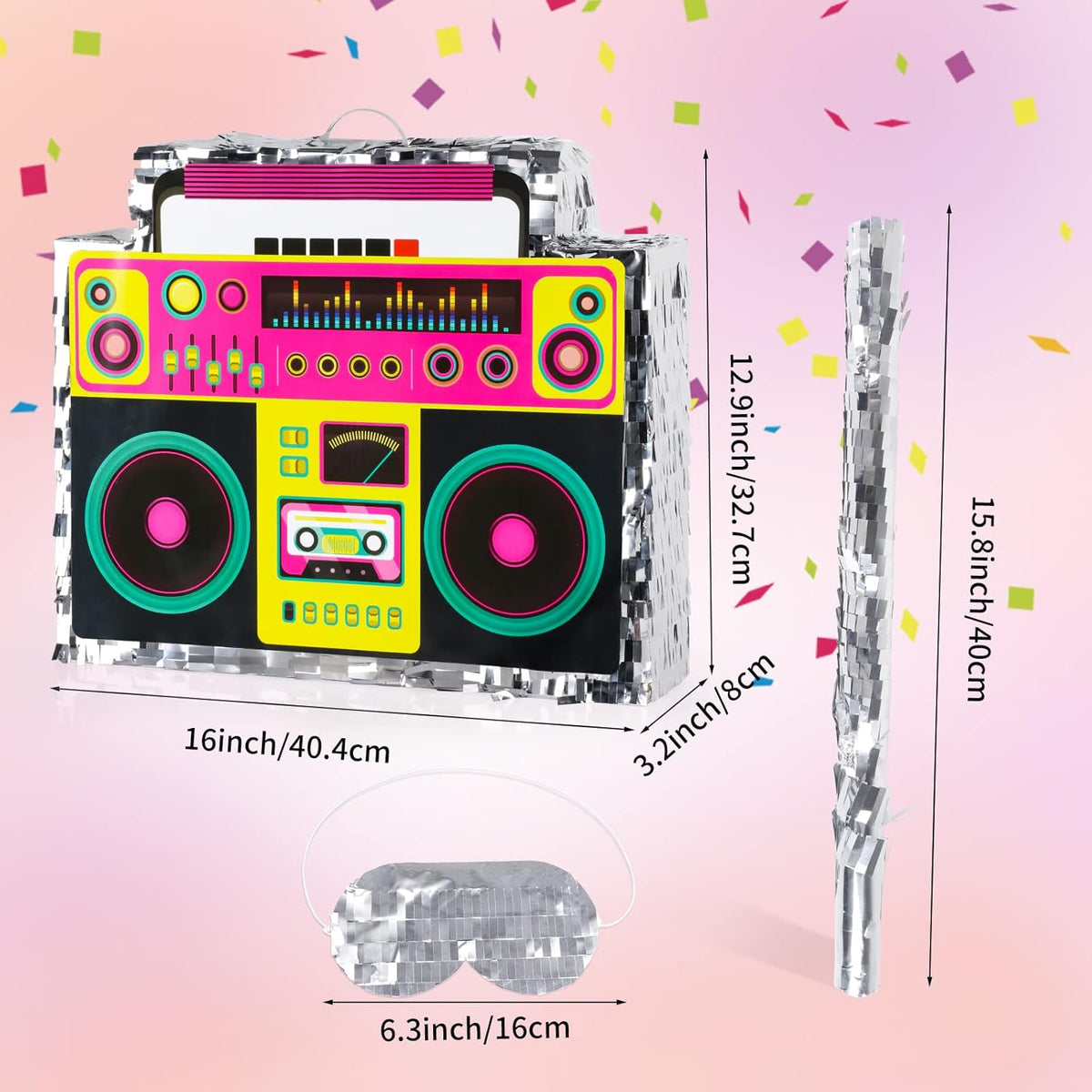 Boombox Pinata with Stick & Hanging Loop Retro 90s Hip Hop Mexican Pinata Game for Back to the 80s
