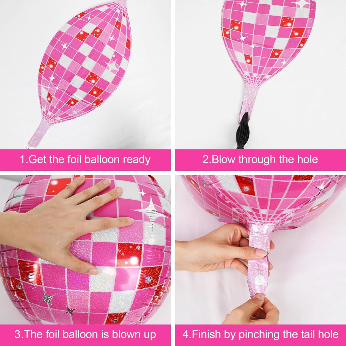 Disco Ball Balloons Pink Silver 4PC,Foil Disco Balloons 22 Inch 4D Round Pink Silver Balloon for