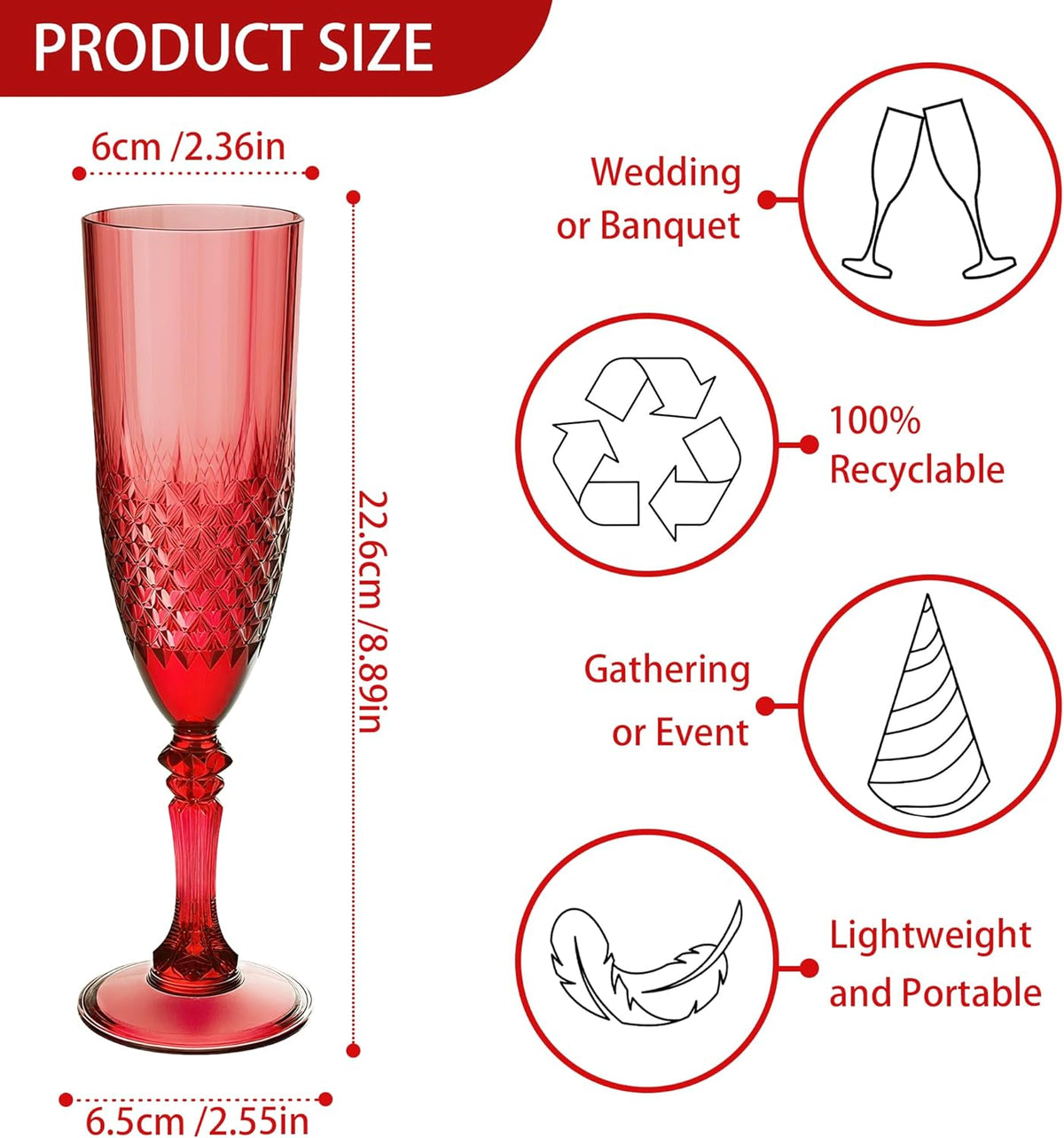 Plastic Champagne Flutes, 24PCS Dark Red Wine Glasses Goblets Cups Reusable Flute, for Christmas