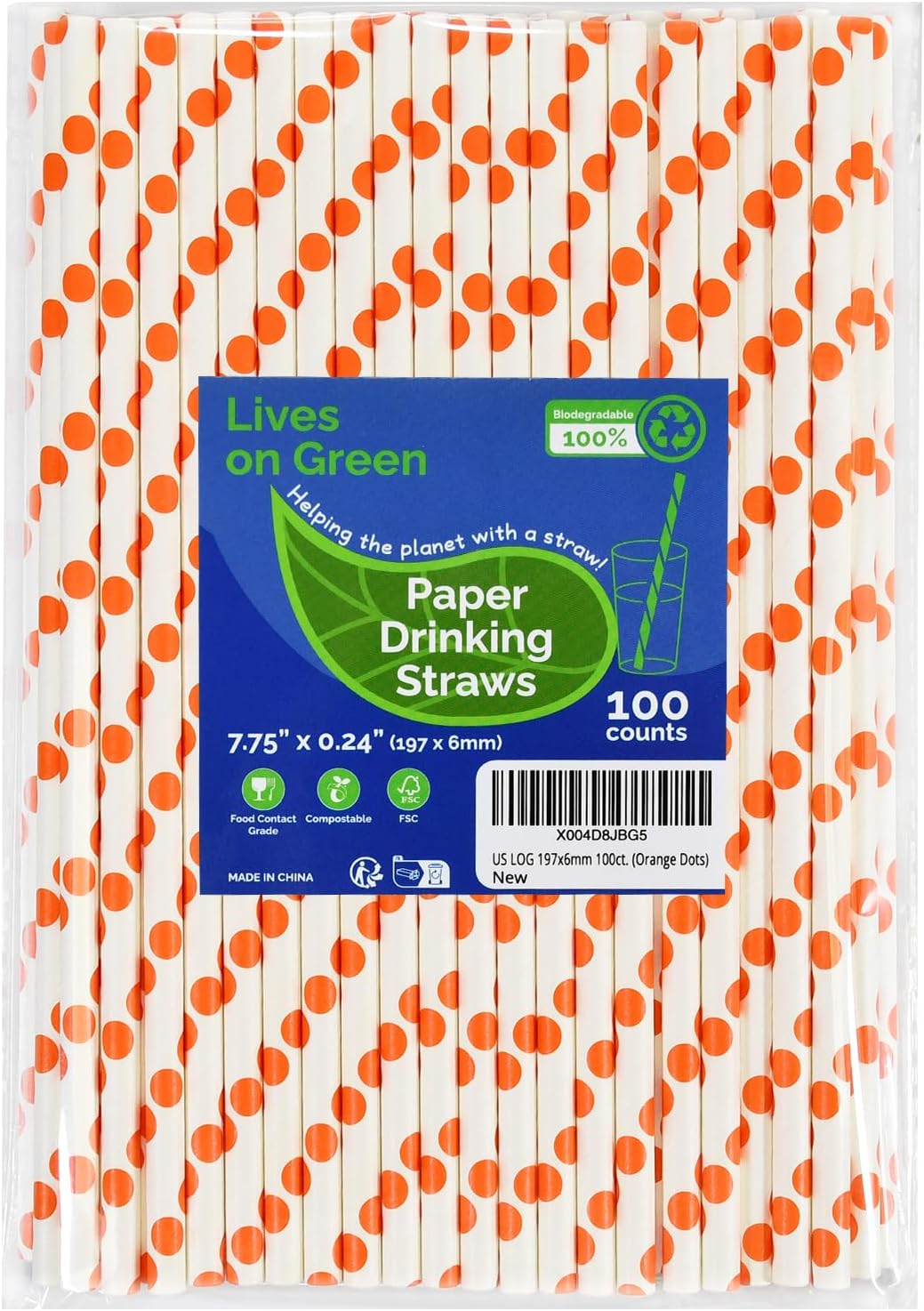 Orange Polka Dots Paper Drinking Straws 7.75 inch Disposable 100 Counts - for Drinks, Juice