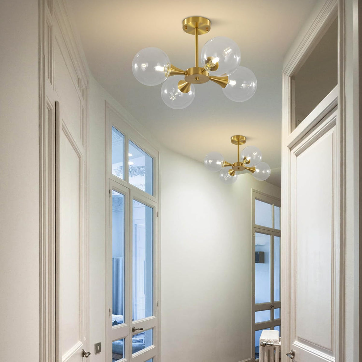KCO Lighting 4-Lights Modern Globe Semi Flush Mount Ceiling Light Mid Century Brushed Brass