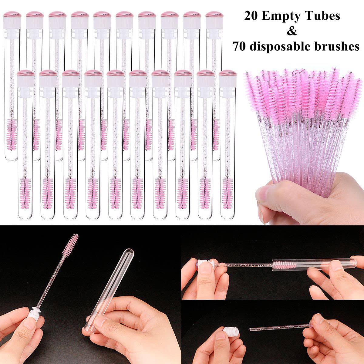 Mascara Wand Brushes Tubes Set-70 Pieces Disposable Eyelash Brushes Replacement with 20 Pieces
