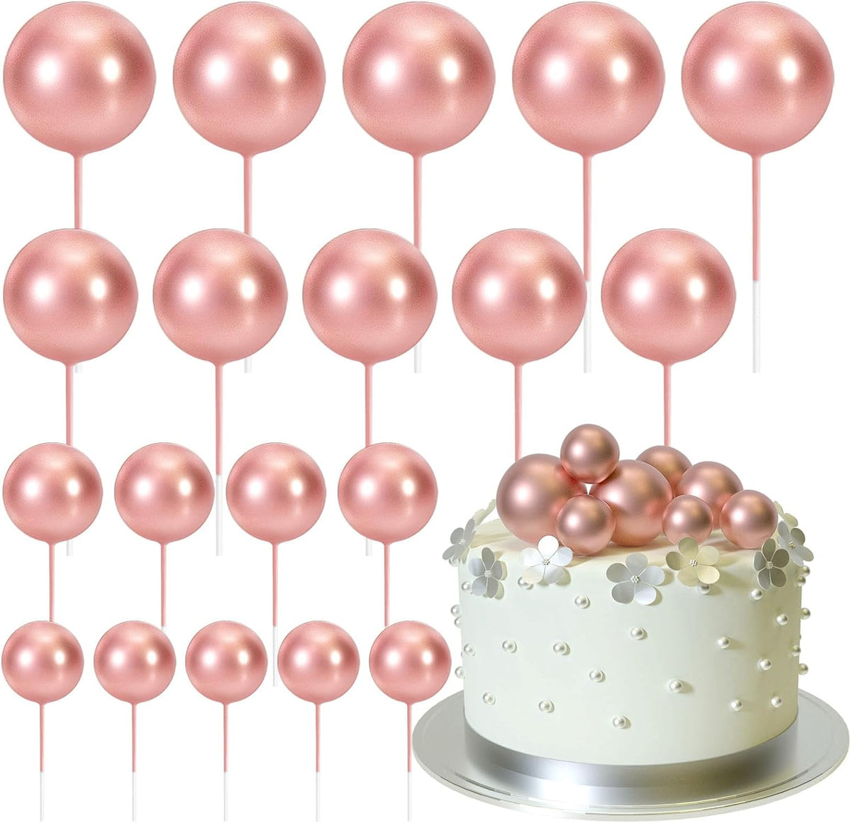 ASTARON 20 Pcs Ball Cake Topper Decorations Mini Balloons Cake Topper Sticks Rose Gold Balls Cake