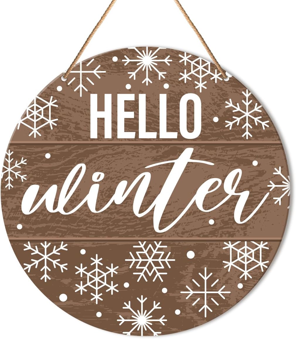Muktoujaumai Hello Winter Sign Front Door Decor, Christmas Round Hanging Sign Decor Rustic
