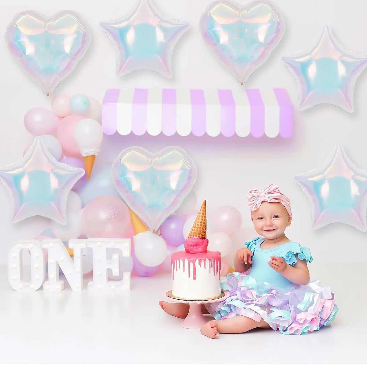 9Pcs Iridescent Foil Balloons, 18in Heart Star Iridescent Balloons Large Holographic Clear Foil
