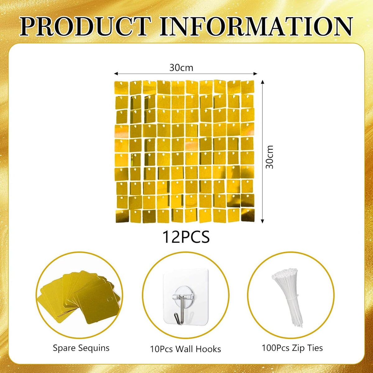 12PCS Gold Shimmer Wall Backdrop, Square Sequin Photo Backdrops Panel, Glitter Wall Background for