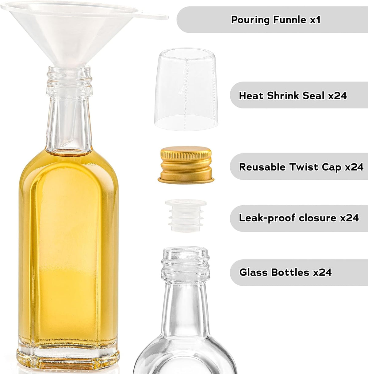 50 ml (1.7oz) Mini Small Glass Bottles With Leak Proof Gold Caps, Aluminum Lids, 24 Pack, For