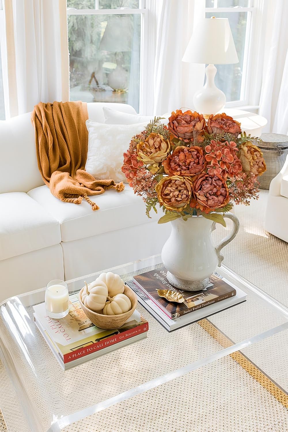 Hollyone 2Pcs Artificial Fall Flowers Bouquet 18.8" Burnt Orange Dried Peony Hydrangea Fake Fall