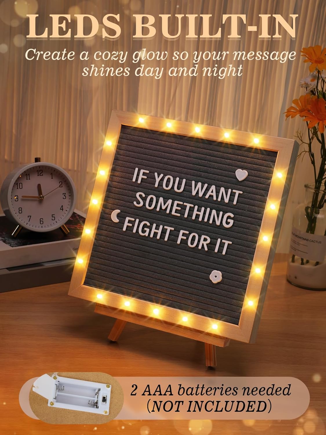 Light up Changeable Felt Letter Board Sign with LED Lights - 10×10" Message Board & Wood Stand &