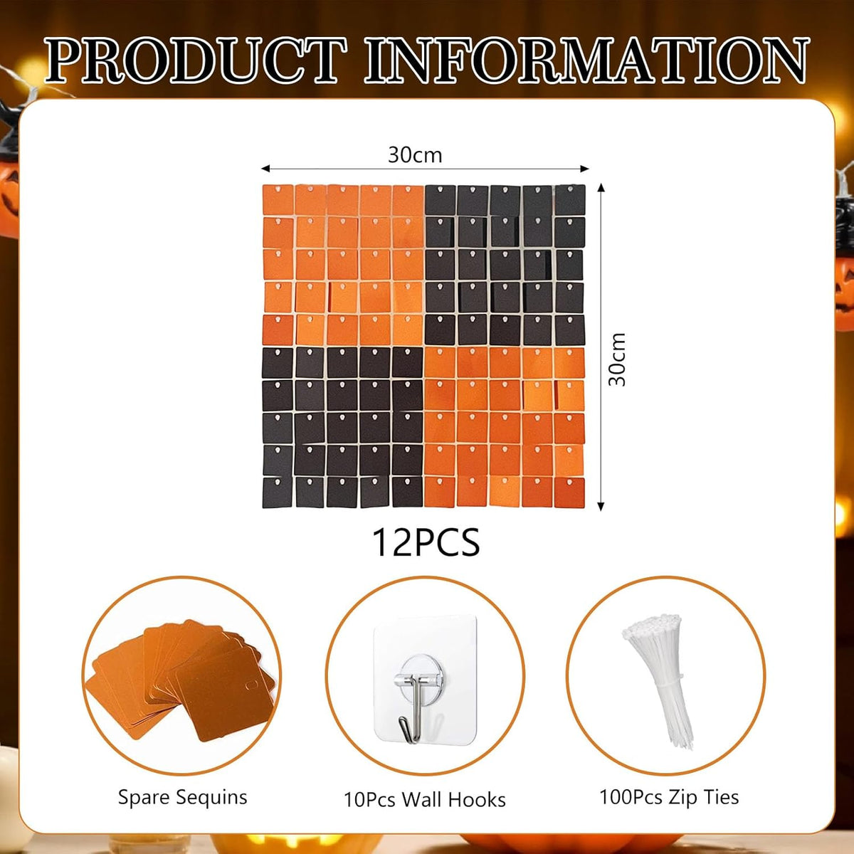 12PCS Black Orange Shimmer Wall Backdrop, Square Sequin Photo Backdrops Panel, Glitter Wall