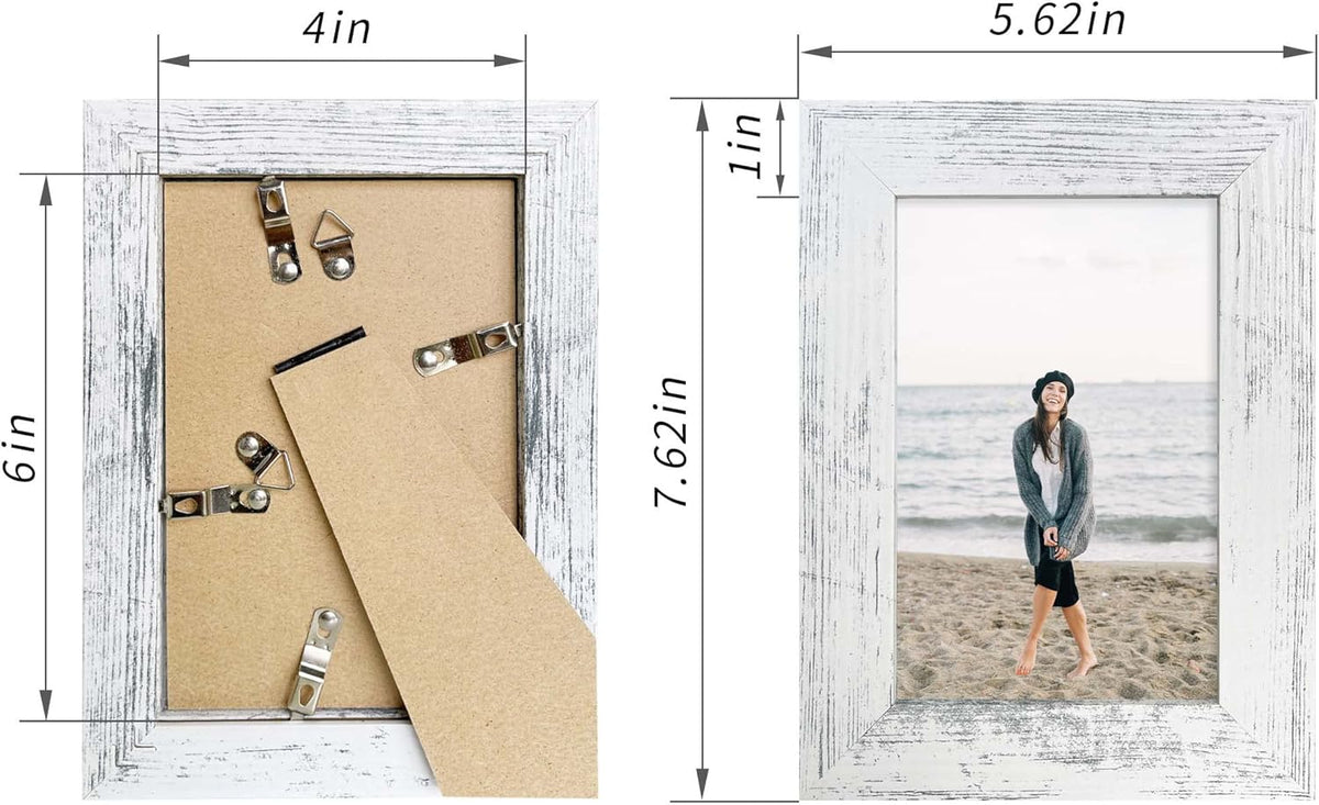 4x6 Picture Frame Set of 4, High Definition Glass Distressed White Frame, 4 x 6 Wood Photo Frames