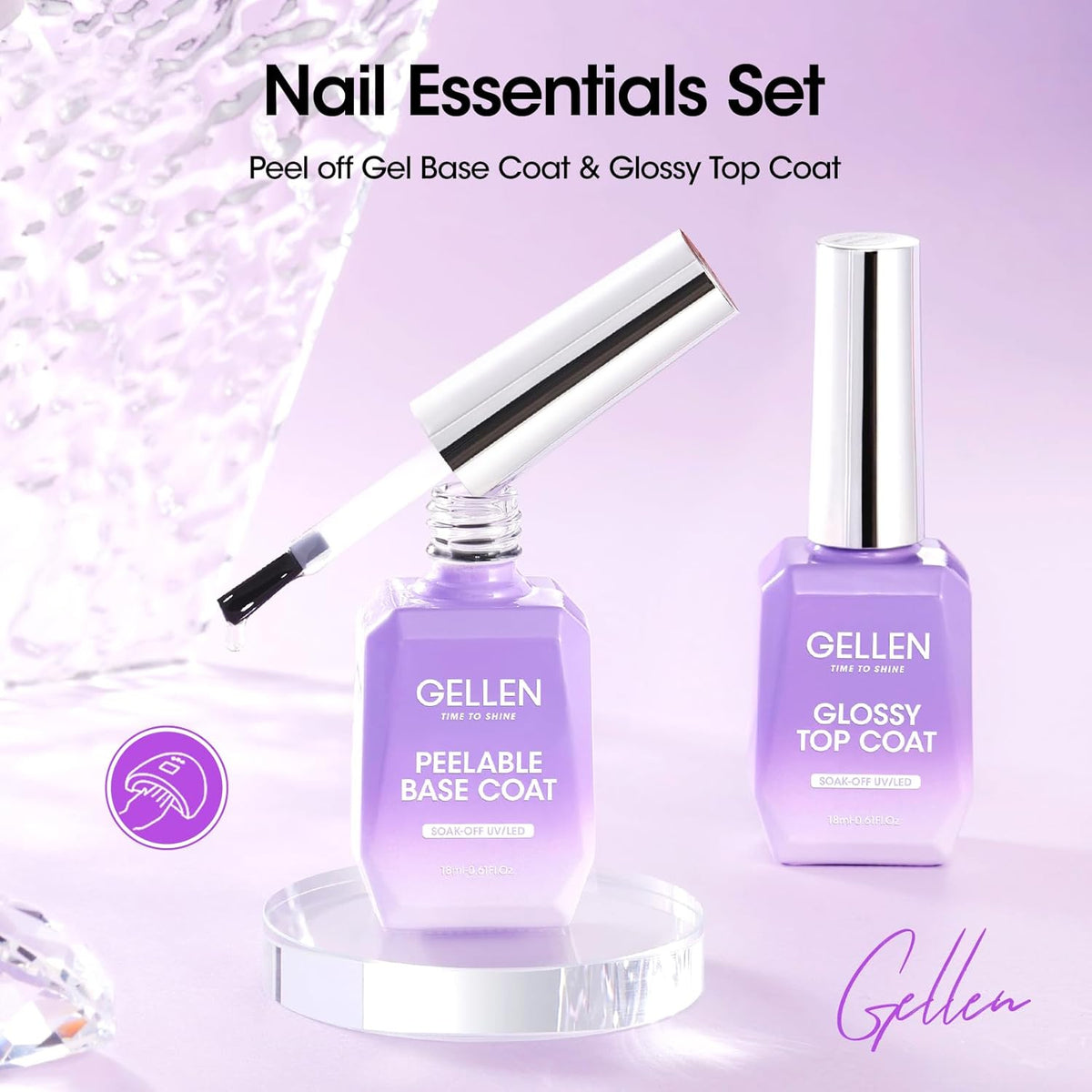 GELLEN Peel Off Gel Base Coat and Top Coat Set, Peelable Base Gel without Soaking, Clear Top Coat