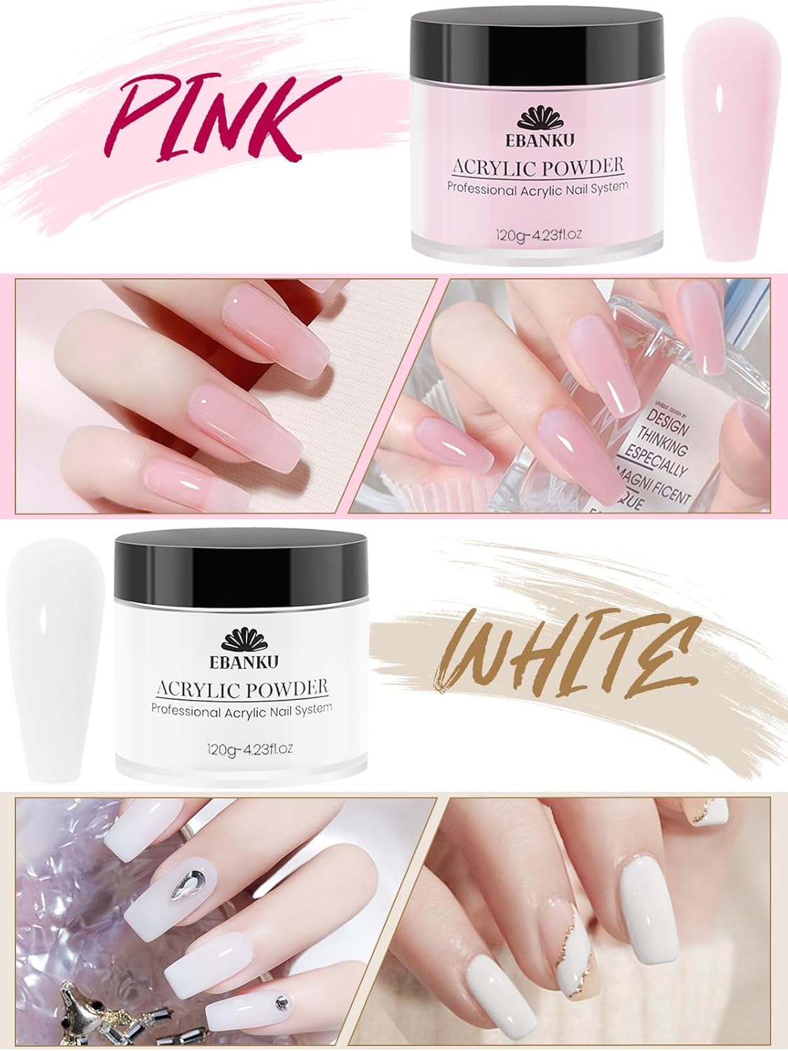 EBANKU Acrylic Powder Set 4 Colors Acrylic Nail Powder Nude Pink White Clear Acrylic Powder for