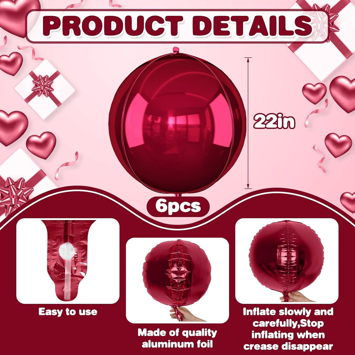 6Pcs Burgundy Round Foil Balloons,Giant 4D Round Ball Balloon,22 Inch Metallic Burgundy Balloons