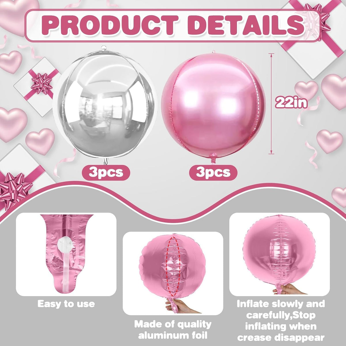6Pcs Pink Silver Round Foil Balloons,Giant 4D Round Ball Balloon,22 Inch Metallic Pink Silver