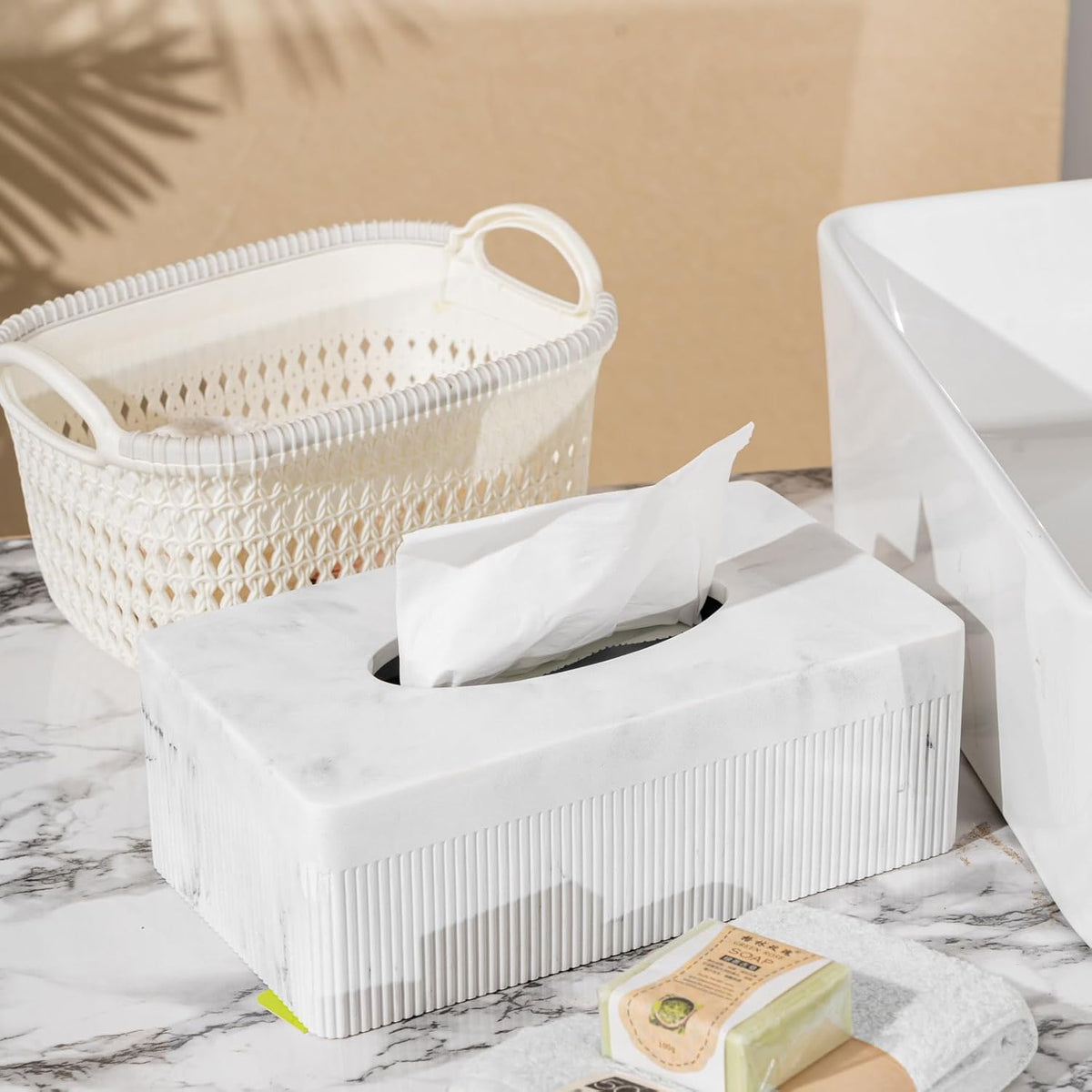 Marble Tissue Box Cover, Rectangular Napkin Facial Tissues Holder for Home Office, Hand Poured