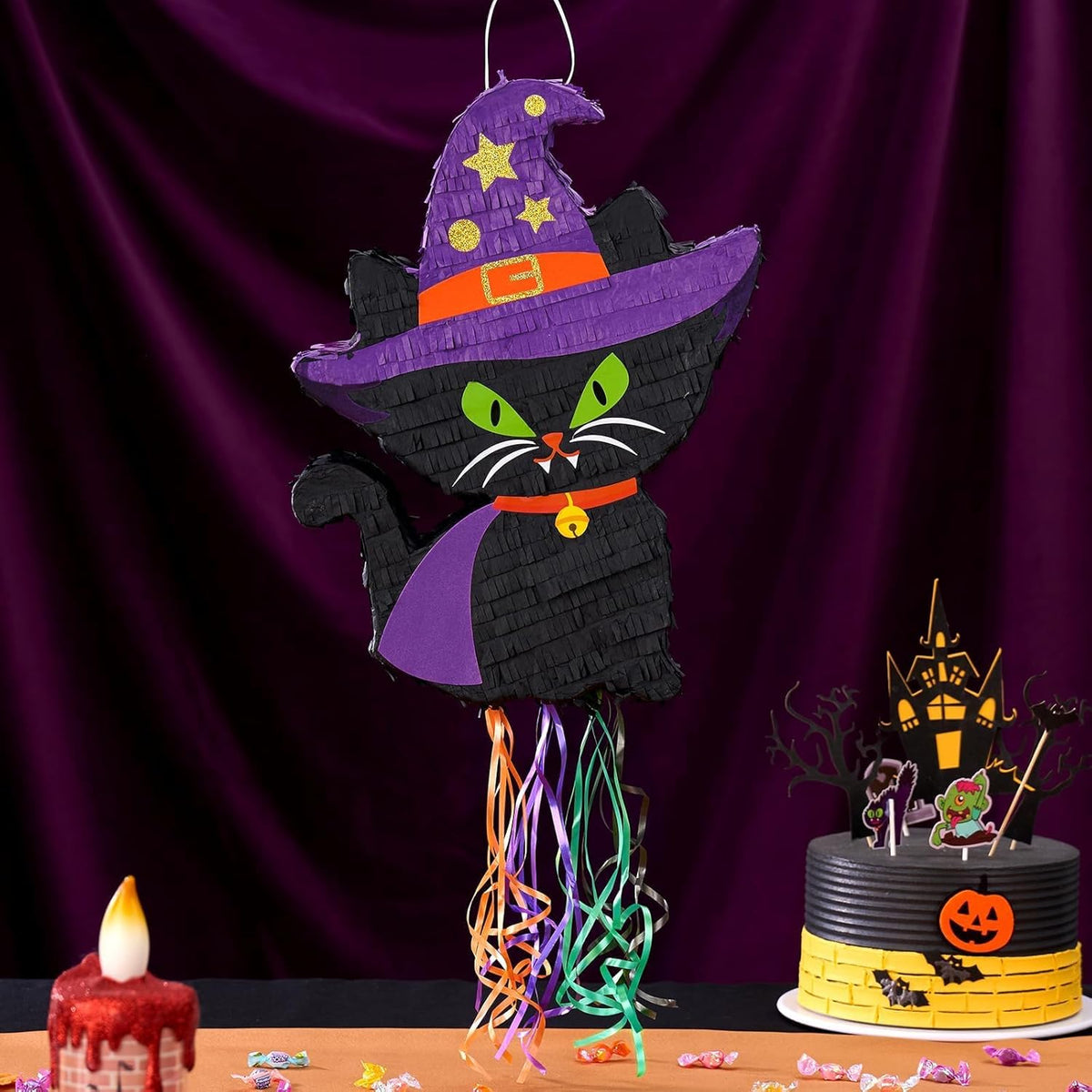 WERNNSAI Halloween Cat Pinata - Halloween Party Decorations Black Cat Pinata Witch Hat for Kids