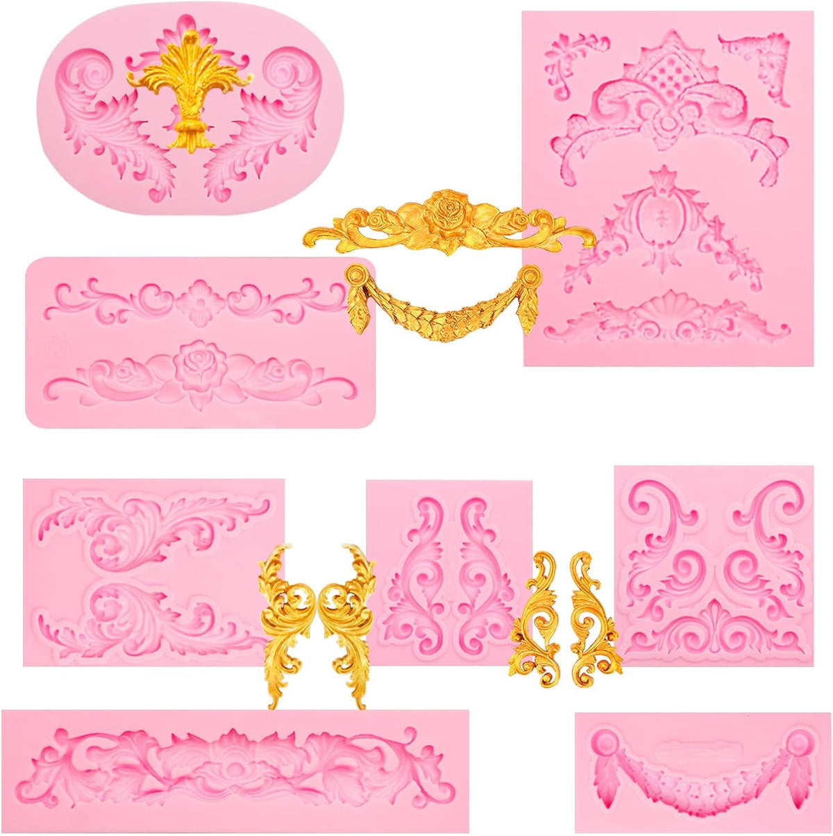 Baroque Scroll Silicone Fondant Molds, 8-Piece Decorative Border Cake Molds Set for Cupcake Topper