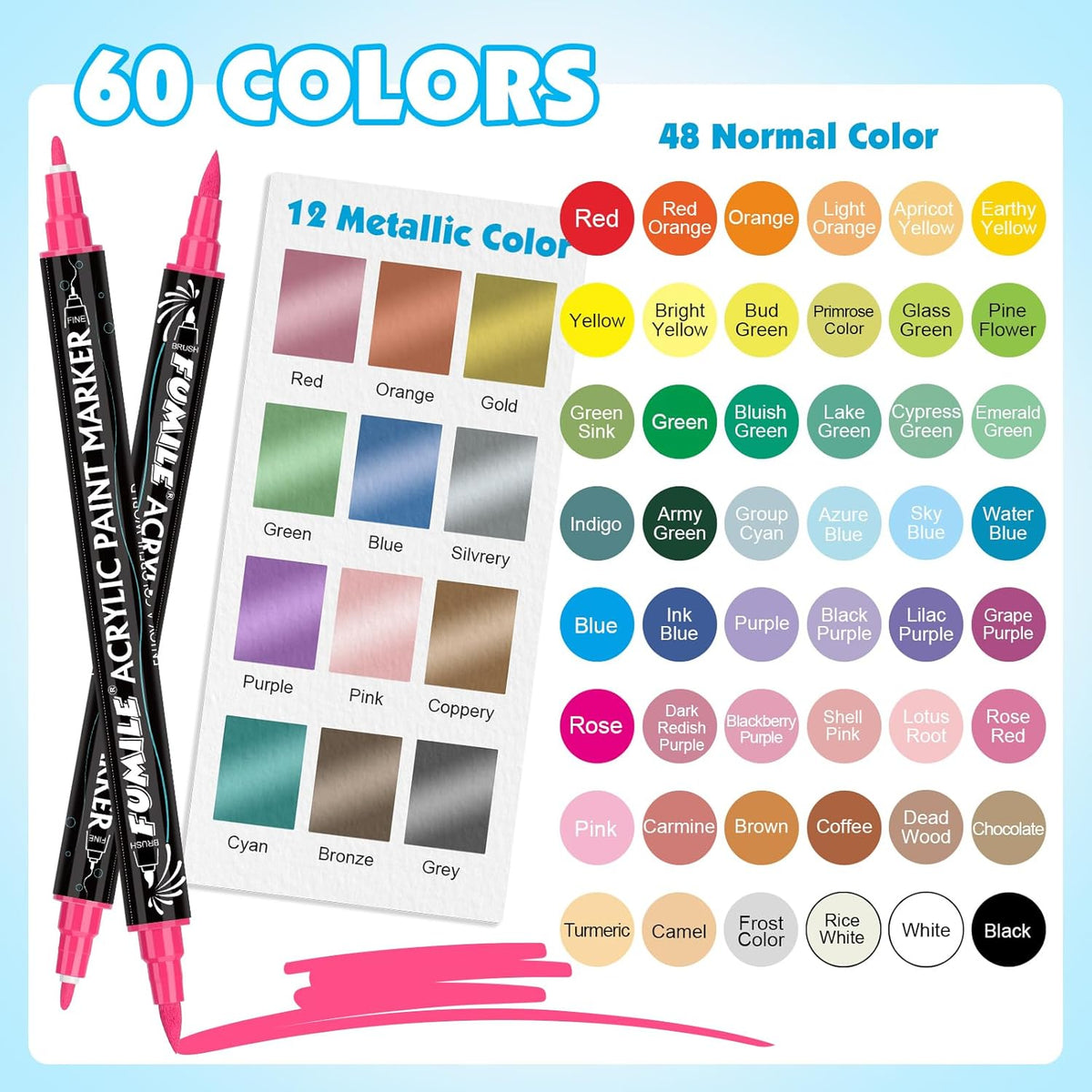 FUMILE 60 Colors Acrylic Paint Markers Dual Tip(Fine and Brush Tip), Acrylic Paint Pens paint