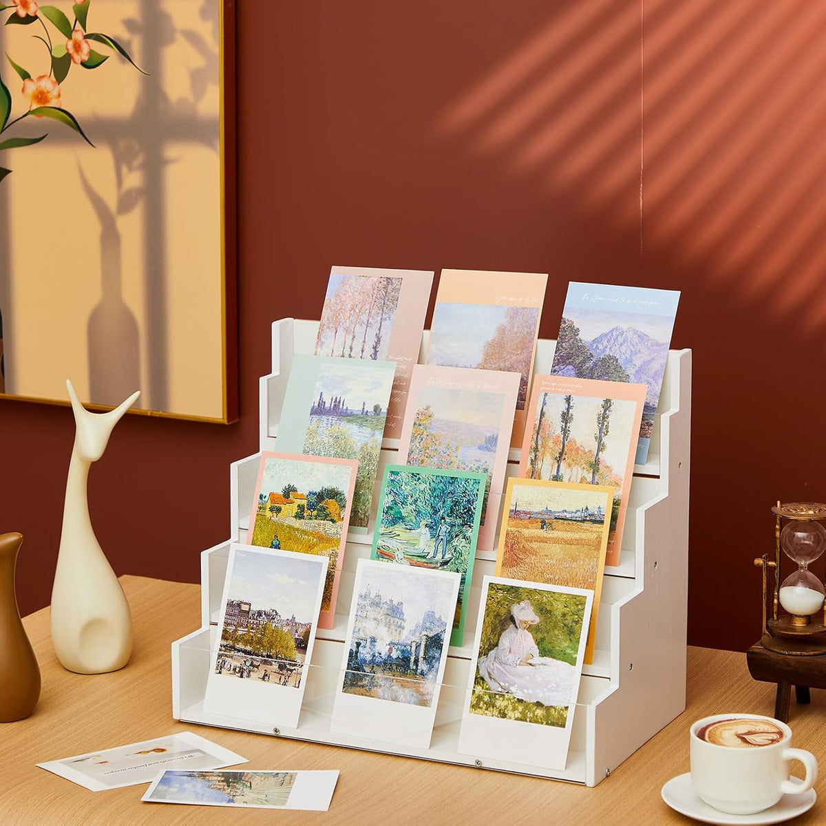 4 Tier Greeting Card Display Stand White Bamboo and Acrylic Sticker Display Stand Trading Card