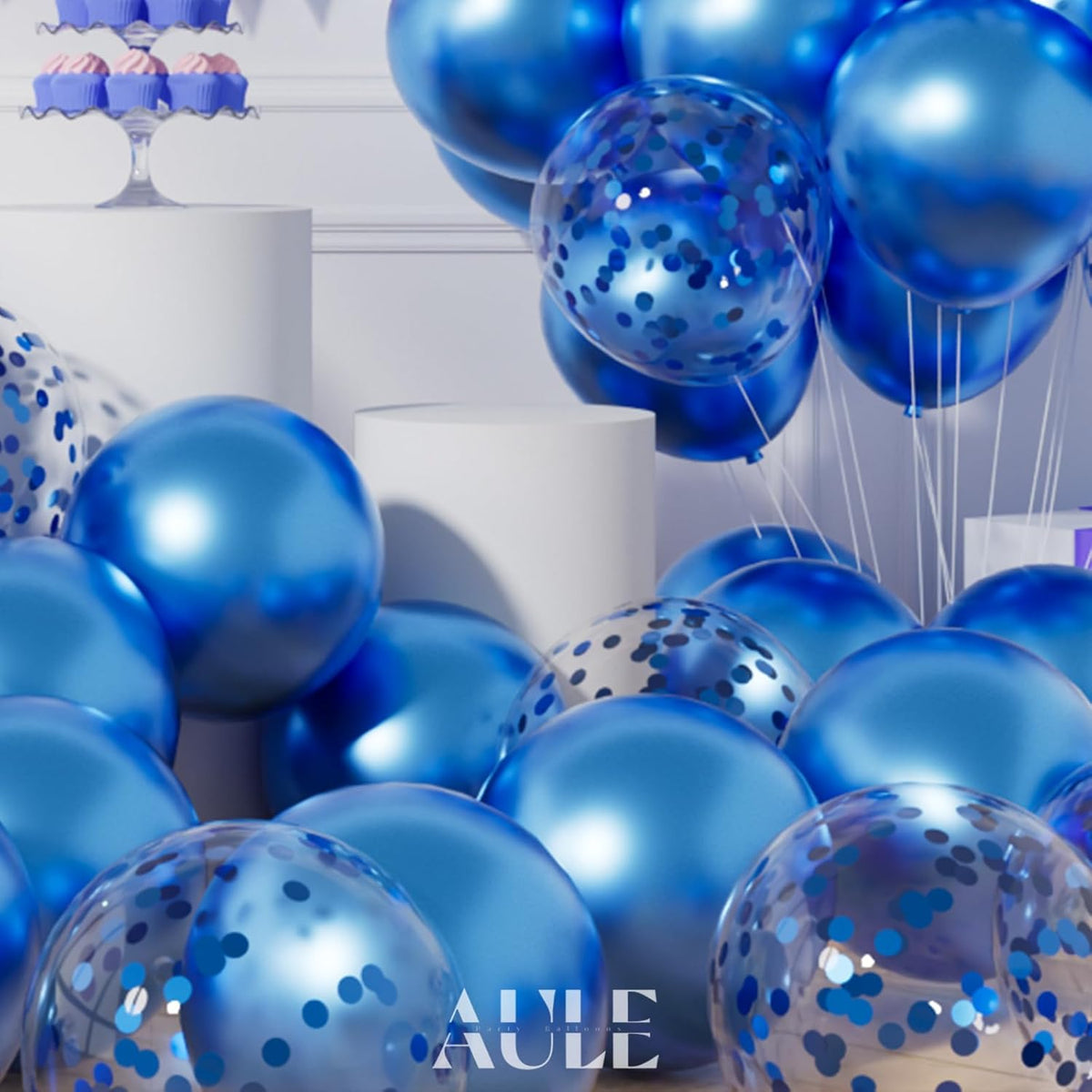 AULE Party Balloons Pack of 42 - Metallic Blue Balloons and Blue Confetti Balloons With 64ft