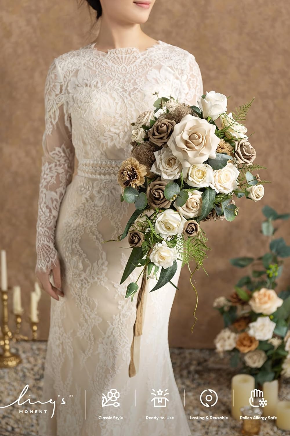 Ling's moment Intimate Brown Bridal Bouquet Cascading, Beige Wedding Bouquets for Bride, 13 Inch