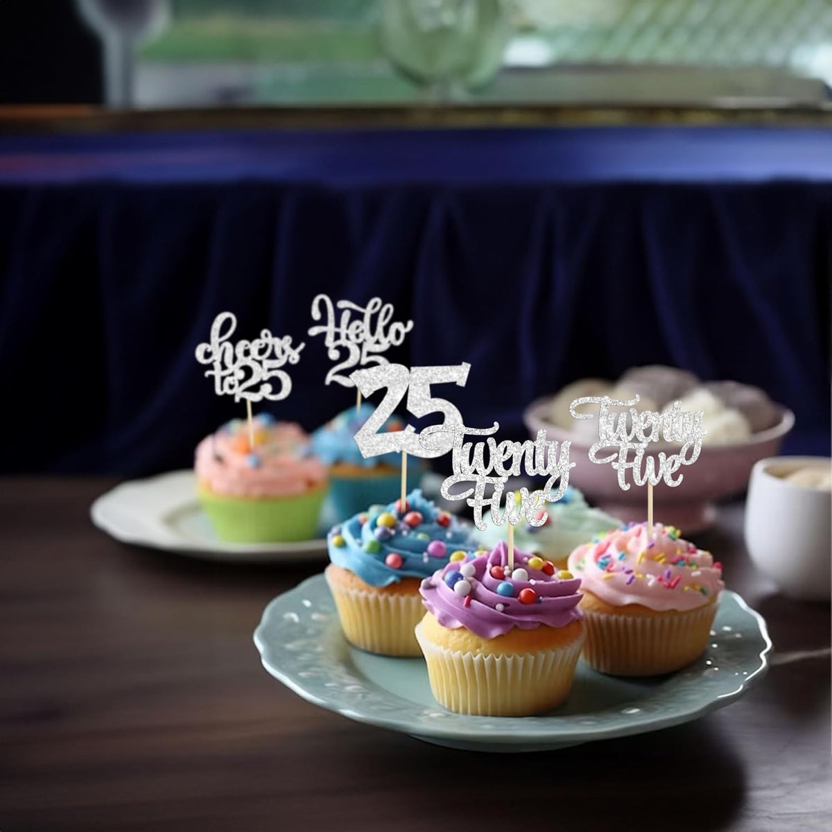 30pcs 25th Birthday Cupcake Toppers - Silver Glitter Cheers to 25 Years Old Cake Decorations for