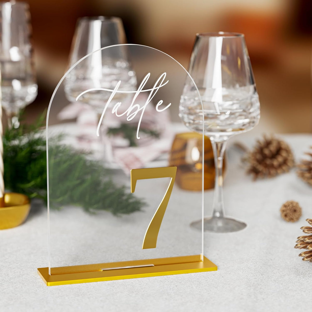 Arch Wedding Table Numbers 1-15 with Stands, Elegant Gold Number 5.5 x 7” Arch Acrylic Signs with