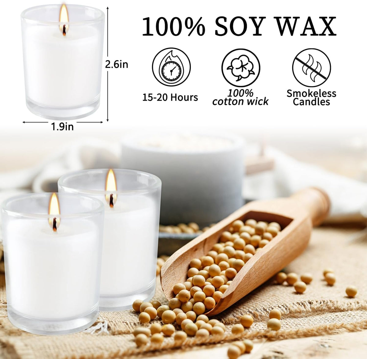 48 Pack Warm White Unscented Clear Glass Filled Votive Candles. Hand Poured Wax Candle Ideal Gifts