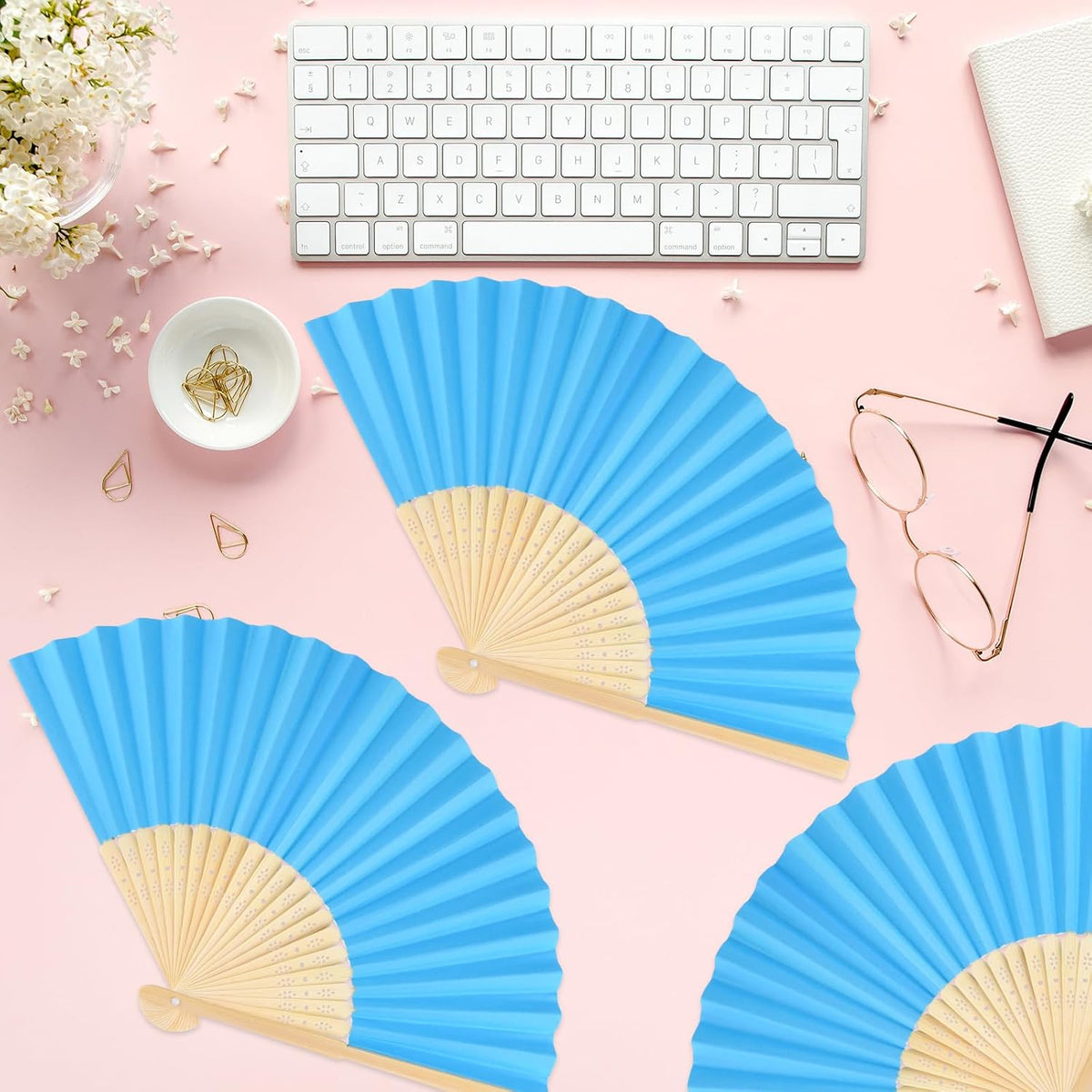 12 Pieces Blue Hand Held Bamboo Folding Fans Paper Fans Handheld for Women Foldable Girls Wedding