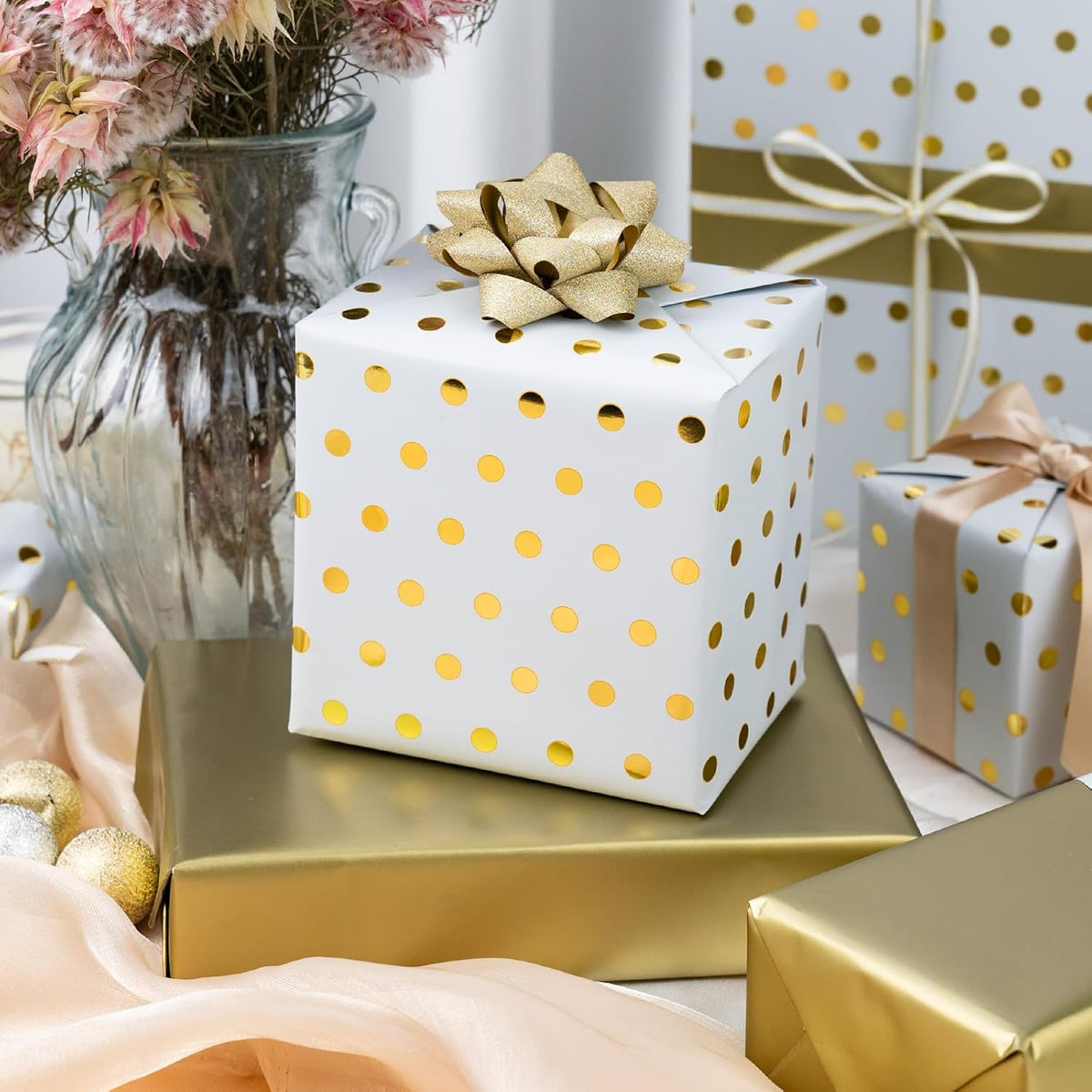 Flyhill Reversible Wrapping Paper-Mini Roll,Gold Foil and Polka Dot Design for