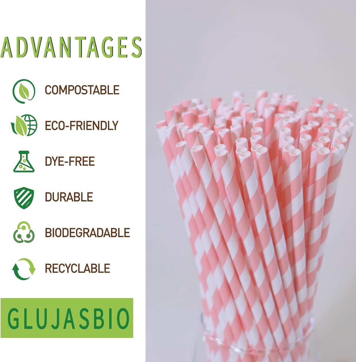 Disposable Pink Paper Straws - 7.75 inch Cute Pink White Striped Drinking Straws 100 Counts for