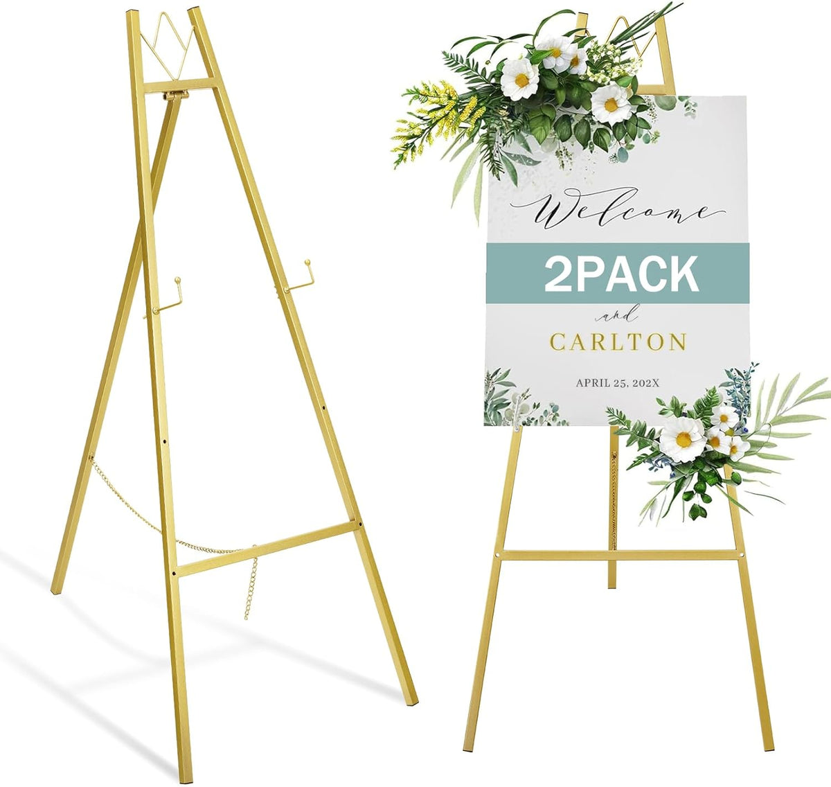 GRENTY 2 Pack Gold Easel Stand for Wedding Signs ??No Assembly Needed, Heavy Duty Metal Display