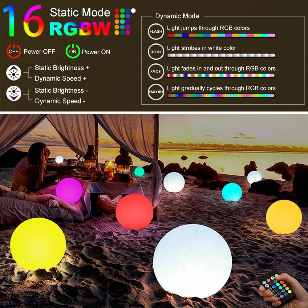 Large LED Glowing Ball Light, 20-in Outdoor LED Garden Orb Lights, Rechargeable Globe Lights RGB