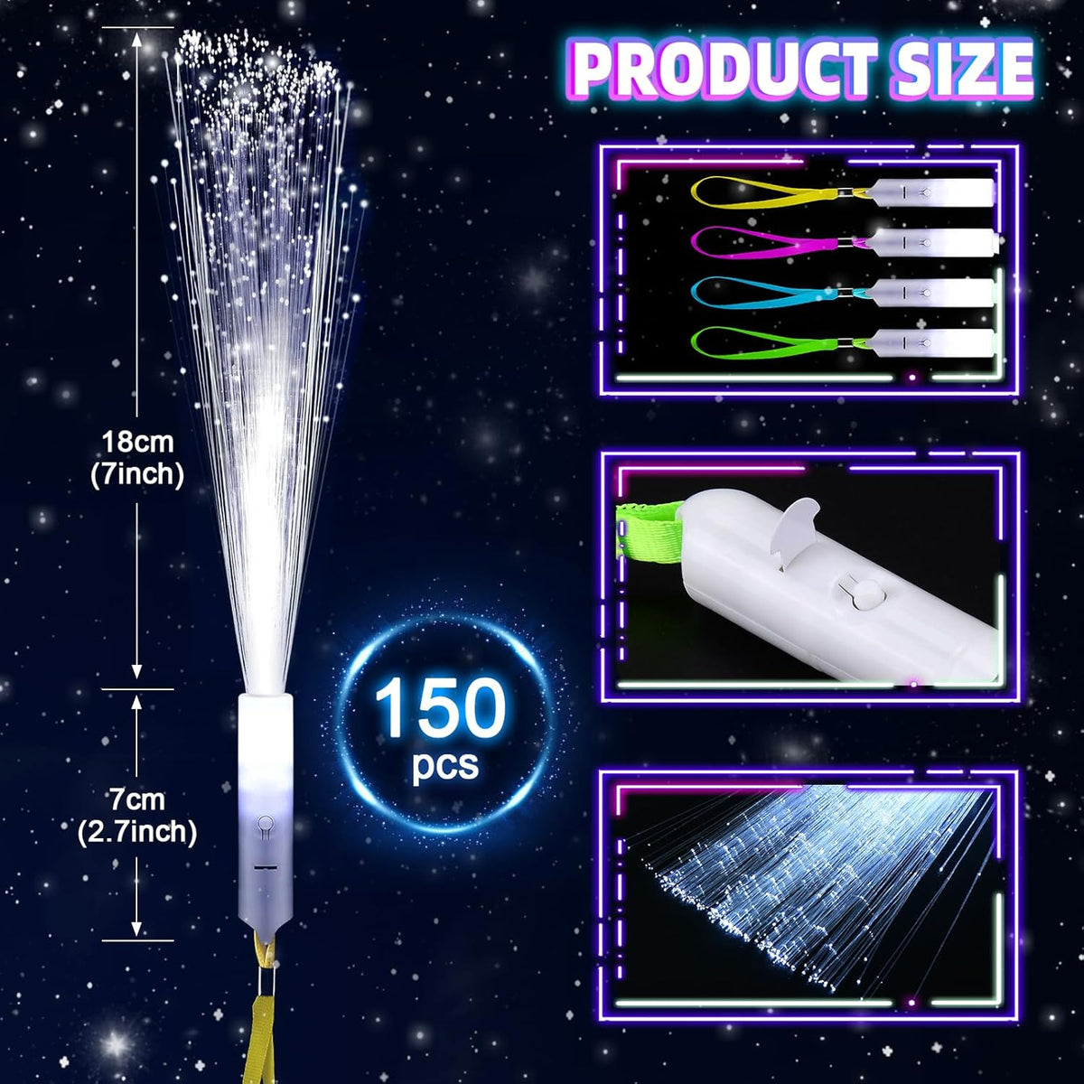 150 PCS White Fiber Optic Sticks, Glow Wands & Light Up Wands for Kids, Fiber Optic Wand with 3