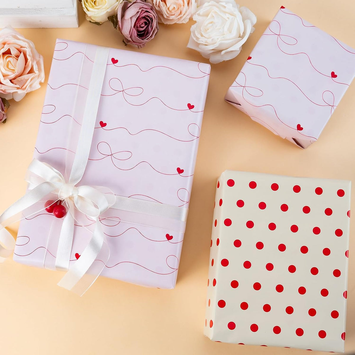 Flyhill Polka Dot Wrapping Paper,Reversible Pink Beige Elegant Heart & Bow Gift Wrap Suitable for