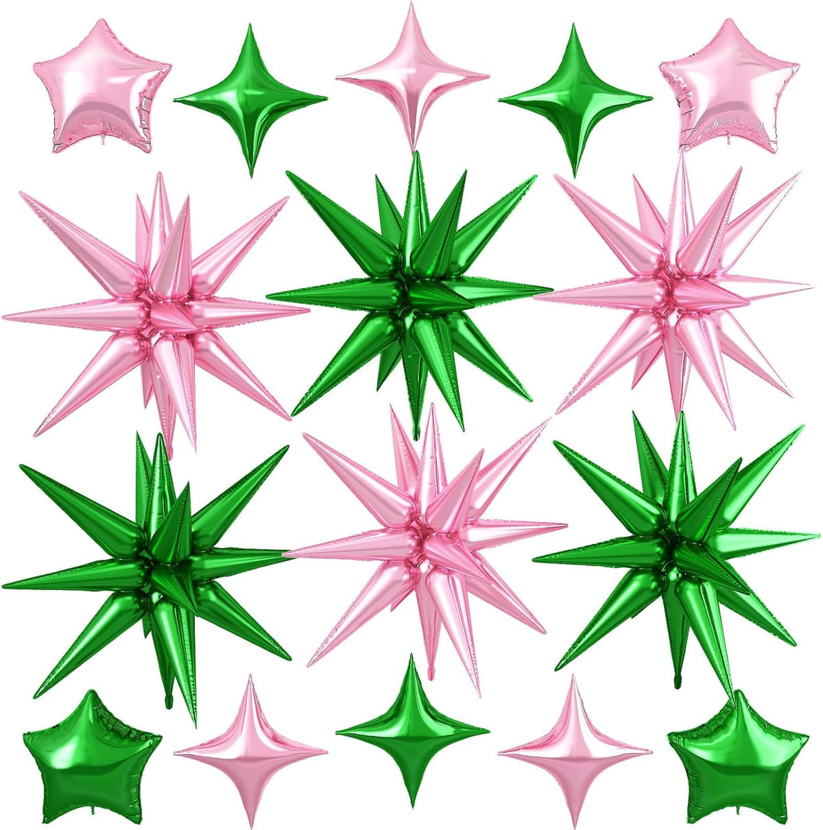 Pink Green Star Balloon,16Pcs Star Foil Balloons Set with 22Inch Explosion Spike Cone Balloons and