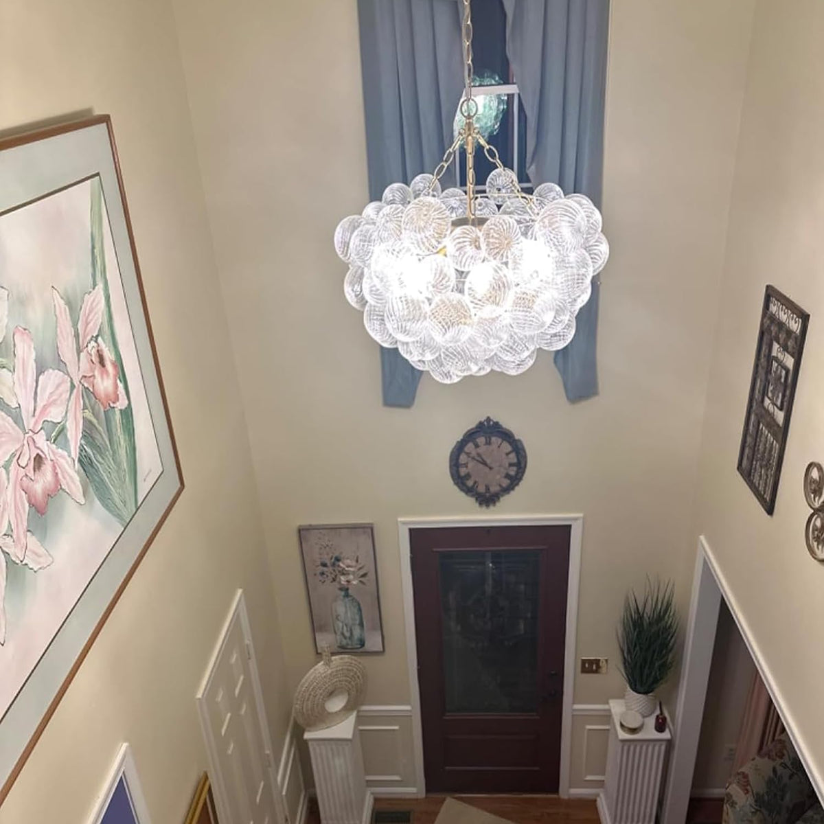 Nordic Bubble Ball Swirled Glass Chandelier, Diam 24 inch Gild Gold and Clear Blown Glass Hanging