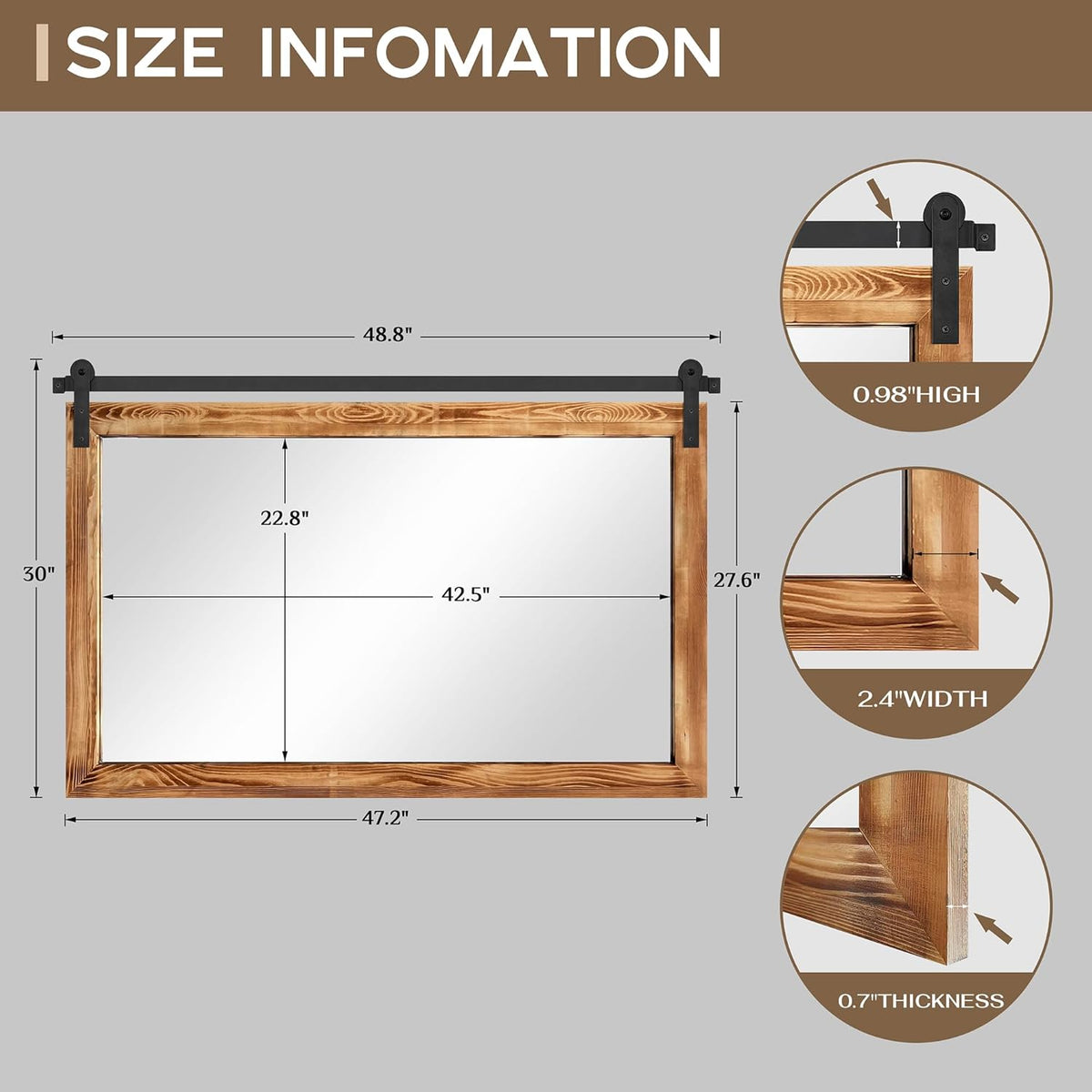 COGOOD Farmhouse Bathroom Mirror - 49 x 30 Rustic Wood Framed Wall Barn Door Mirror for Entryway