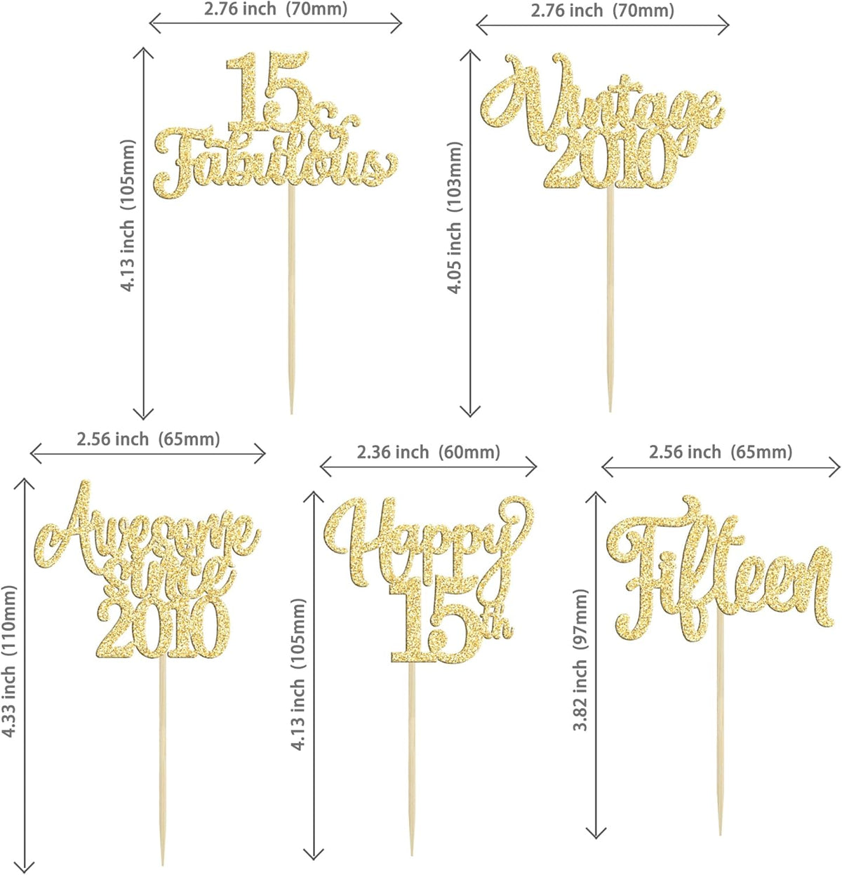 30Pcs Vintage 2010 Cupcake Toppers Glitter Fifteen Happy 15th Birthday 15 Fabulous Cupcake Picks