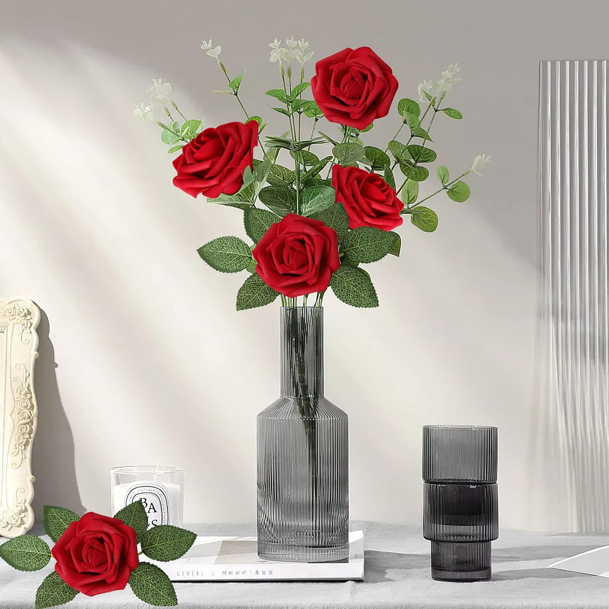 AmyHomie Artificial Flowers Dark Red Rose 50pcs Real Looking Fake Roses w/Stem for DIY Wedding