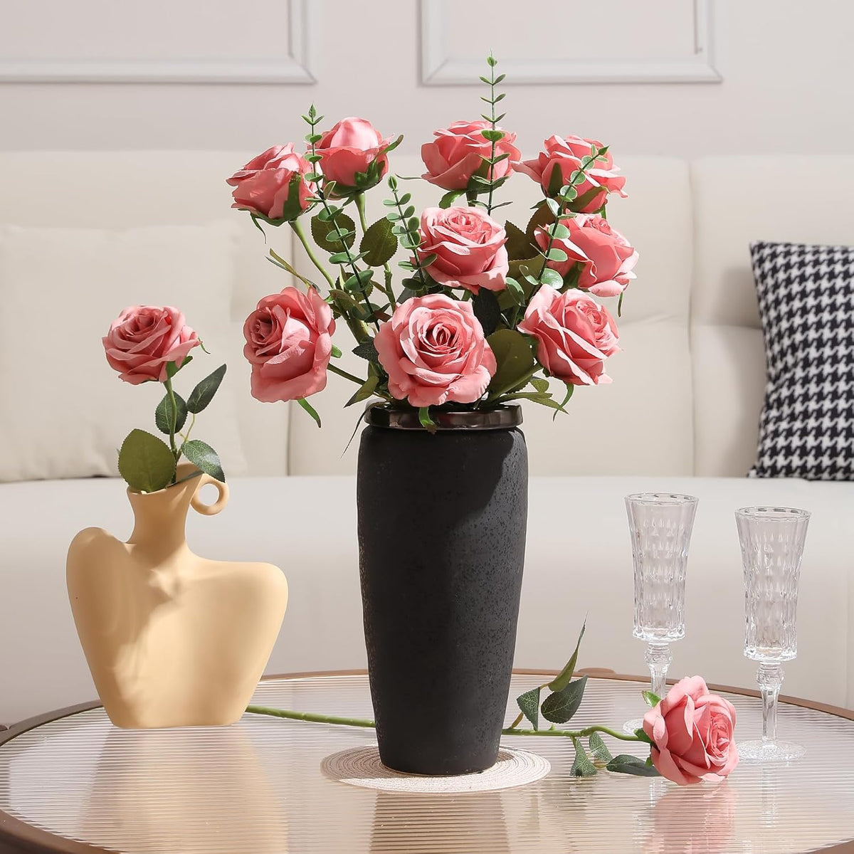Tifuly Dusty Pink Roses Artificial Flowers -12 Pcs Long Stem Silk Roses, Realistic Fake Roses with