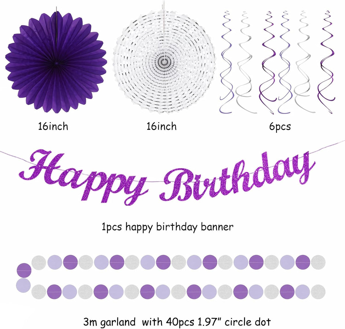 Purple Lilac-Lavender Silver Women Birthday Party-Decorations - 21pc Happy Banner,Paper Lanterns