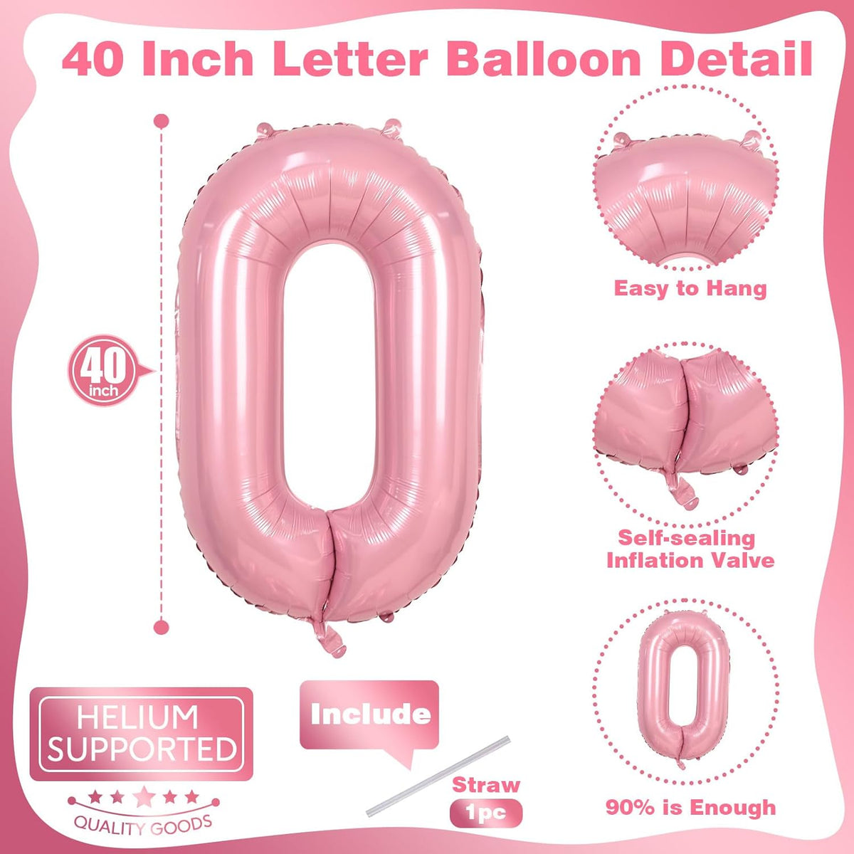 40 Inch Pearl Pink Large Letter Balloons - A to Z, Self Inflating Pink Foil Alphabet O Mylar