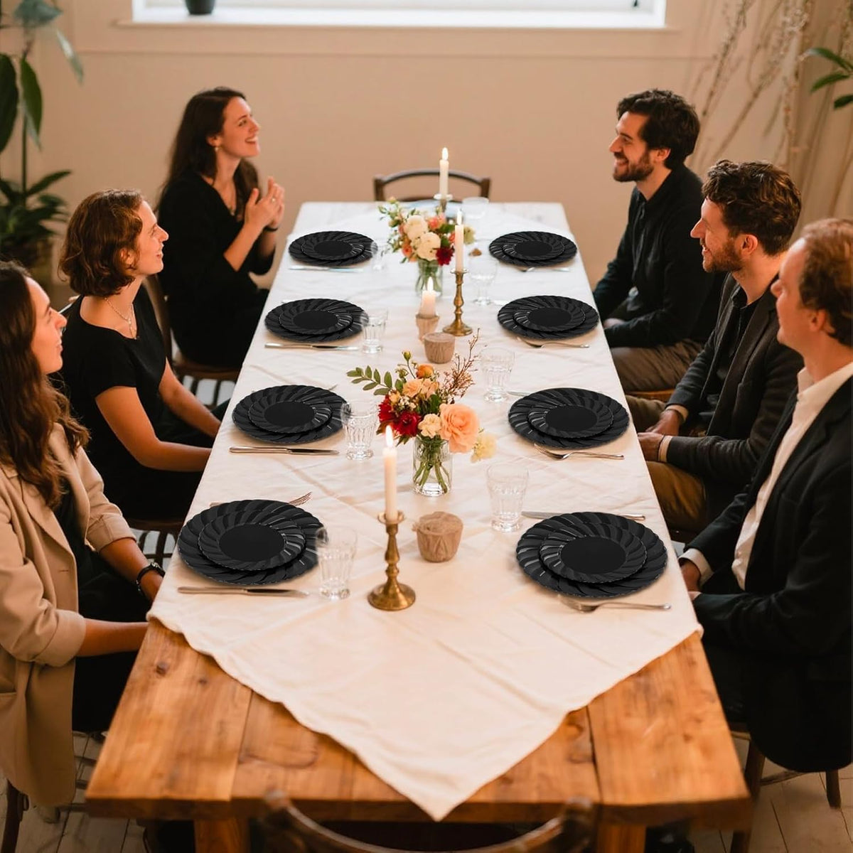 U-QE 60 Pcs Black Plastic Plates for Party – Scalloped Plastic Plates Heavy Duty – Include 30