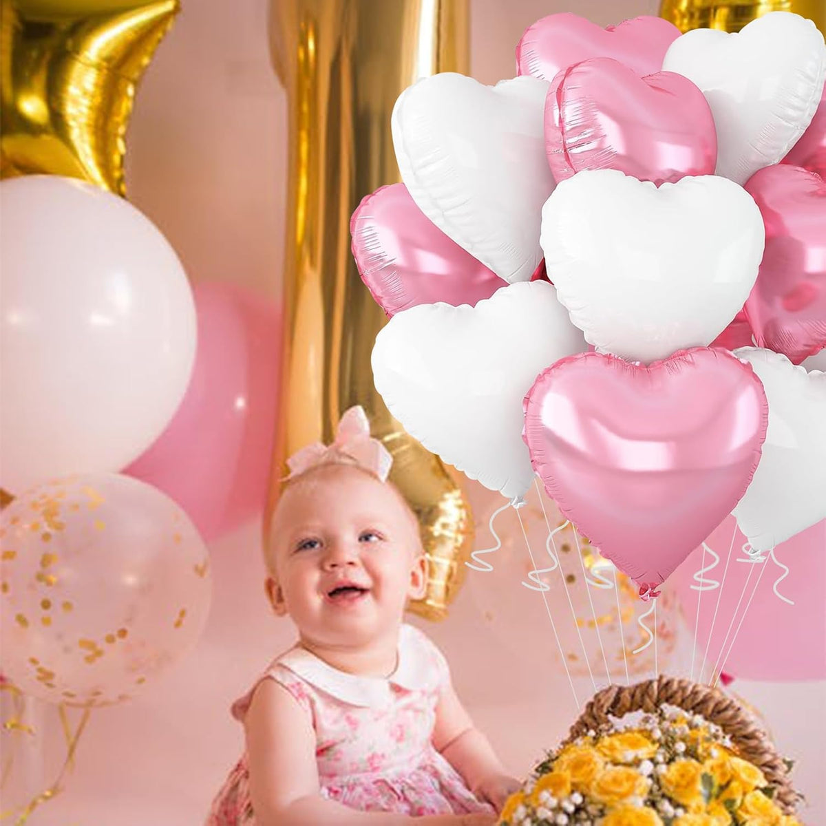 White-Pink Heart Balloons,18inch Bright Pink Heart Shaped Foil Balloons & Snowy White Helium Mylar