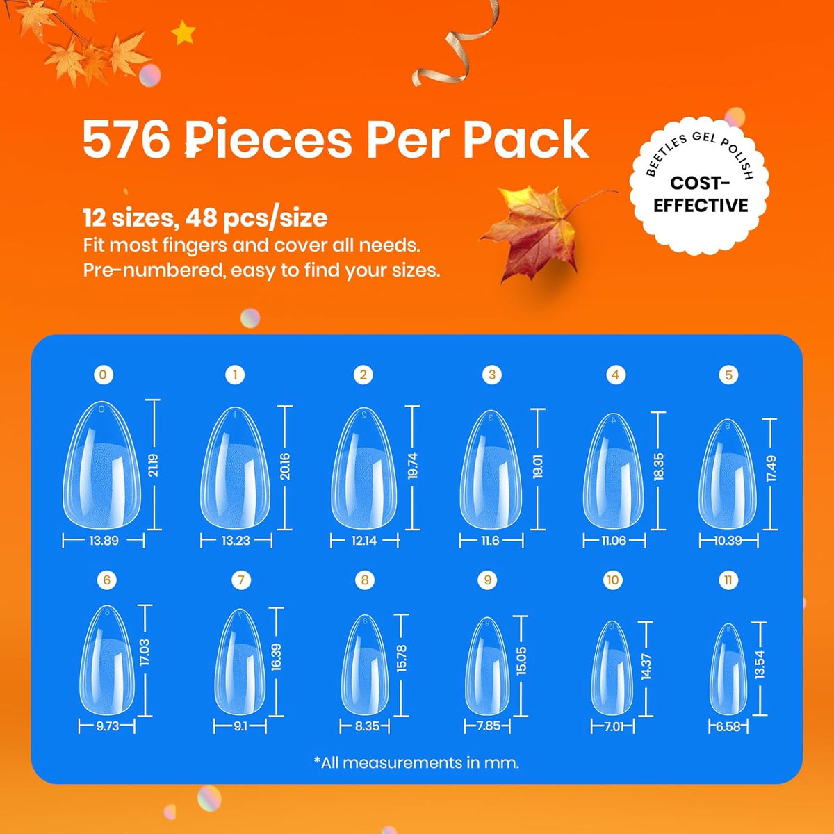 Beetles Gel Nail Tips 576Pcs Pre-shape Short Almond Etch-X Nail Tips,12 Sizes Soft Nail Tips Half